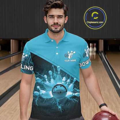 Men bowling polo, 1/4 zip shirts Custom light blue lightning thunder Bowling Team Jersey Bowlers Gift NQS10592