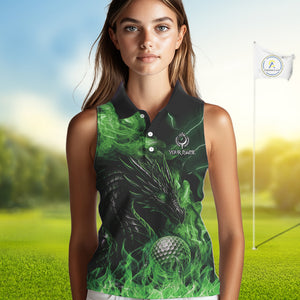 Green Flame Dragon Sleeveless Golf polo shirt Custom Dragon team golf outfit, gift for golf lover NQS10791