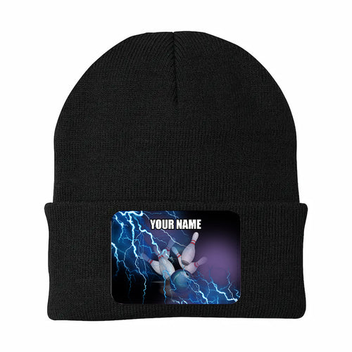 Blue Lightning Thunder Bowling Ball and Pins Custom Rectangle Patch Bowling Knit Beanie Hat NQS10799