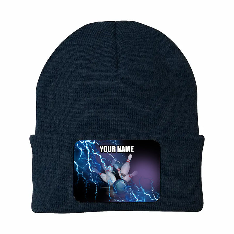 Blue Lightning Thunder Bowling Ball and Pins Custom Rectangle Patch Bowling Knit Beanie Hat NQS10799