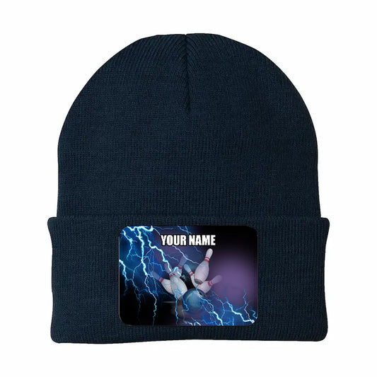 Blue Lightning Thunder Bowling Ball and Pins Custom Rectangle Patch Bowling Knit Beanie Hat NQS10799