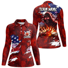 Load image into Gallery viewer, Personalized Red Grunge American flag Skull Bowling shirt for Women Custom Team&#39;s Name Bowler Jerseys NQS8851