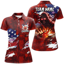 Load image into Gallery viewer, Personalized Red Grunge American flag Skull Bowling shirt for Women Custom Team&#39;s Name Bowler Jerseys NQS8851