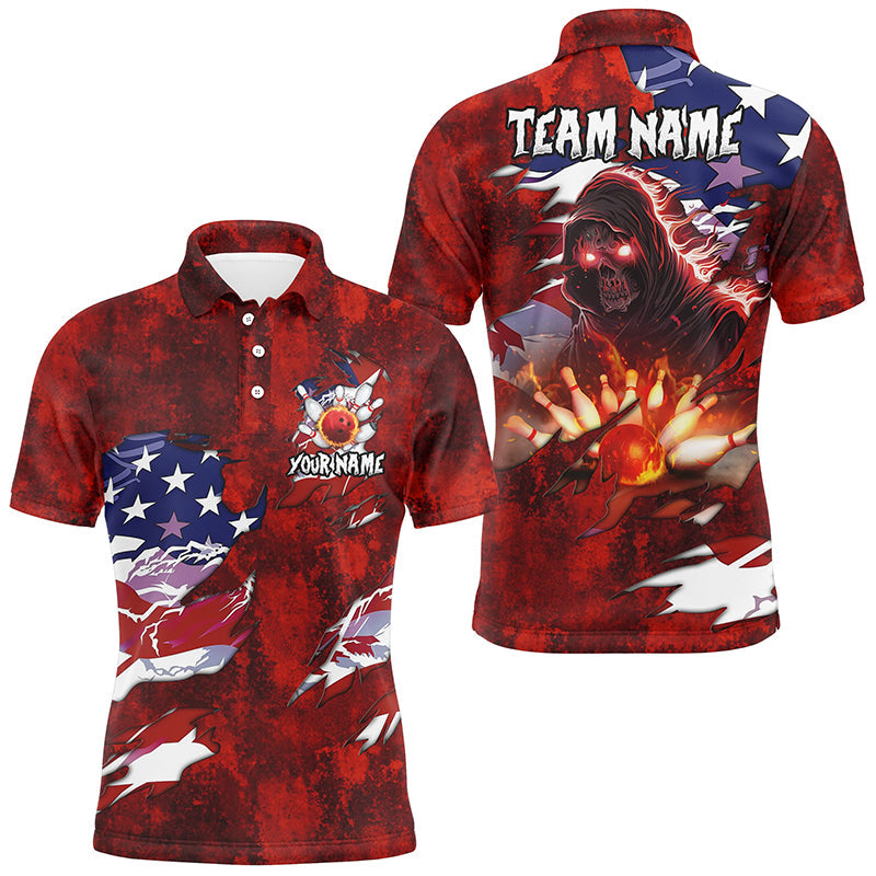 Personalized Red Grunge American flag Skull Bowling shirt for Men Custom Team's Name Bowler Jerseys NQS8851