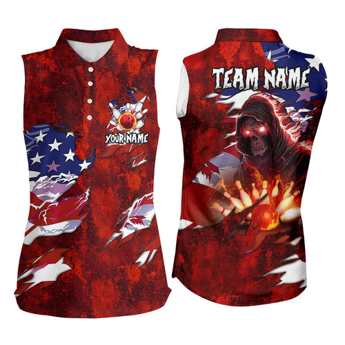 Personalized Red Grunge American flag Skull Women Sleeveless Polo shirt Custom Team Name Bowler Jersey NQS8851