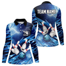 Load image into Gallery viewer, Blue Lightning Thunder Storm Bowling Polo, Quarter Zip Shirt For Women Custom Bowling Team Jersey NQS9114
