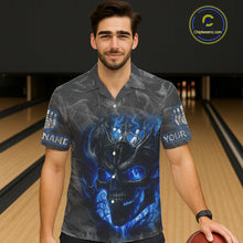Load image into Gallery viewer, Grey Smoke Blue Flame Skull Bowling Hawaiian Shirt Custom Team Bowling Jerseys NQS11182