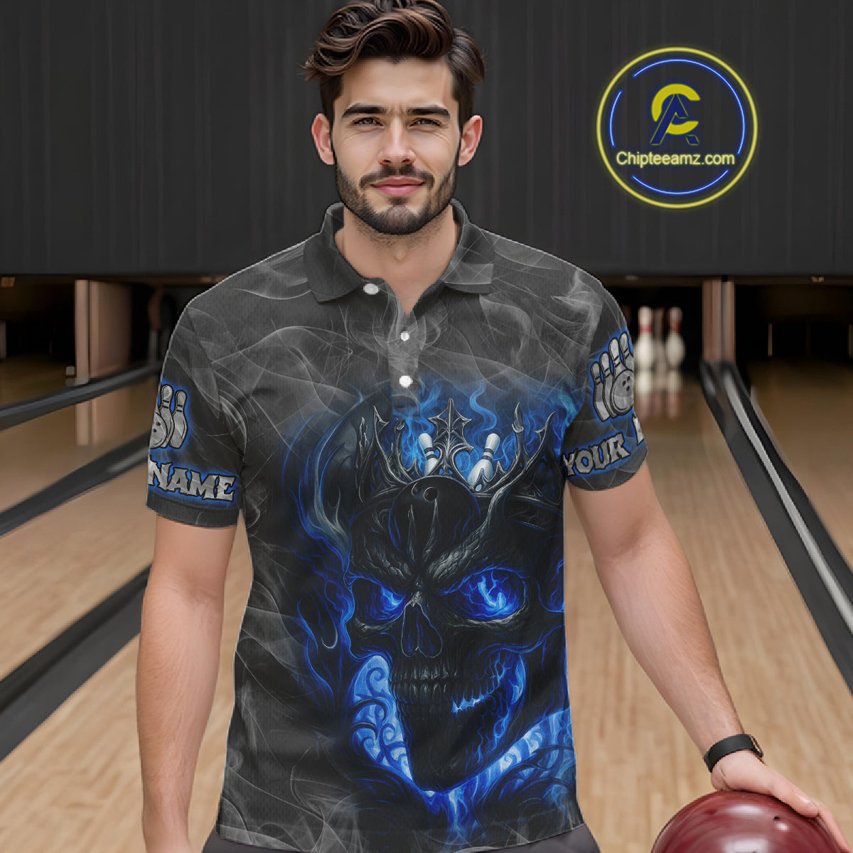 Grey Smoke Blue Flame Skull Bowling Polo, Quarter Zip Shirts For Men Custom Team Bowling Jerseys NQS11182