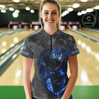 Grey Smoke Blue Flame Skull Bowling Polo, Quarter Zip Shirts For Women Custom Team Bowling Jerseys NQS11182
