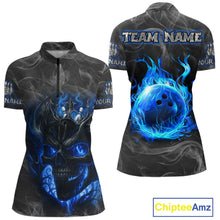 Load image into Gallery viewer, Grey Smoke Blue Flame Skull Bowling Polo, Quarter Zip Shirts For Women Custom Team Bowling Jerseys NQS11182