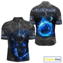 Load image into Gallery viewer, Grey Smoke Blue Flame Skull Bowling Polo, Quarter Zip Shirts For Men Custom Team Bowling Jerseys NQS11182