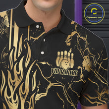 Load image into Gallery viewer, Black and Gold Camo Flame Bowling Polo, Quarter Zip Shirts For Men Custom Team Bowling Jerseys NQS11183