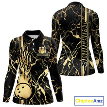 Load image into Gallery viewer, Black and Gold Camo Flame Bowling Polo, Quarter Zip Shirts For Women Custom Team Bowling Jerseys NQS11183
