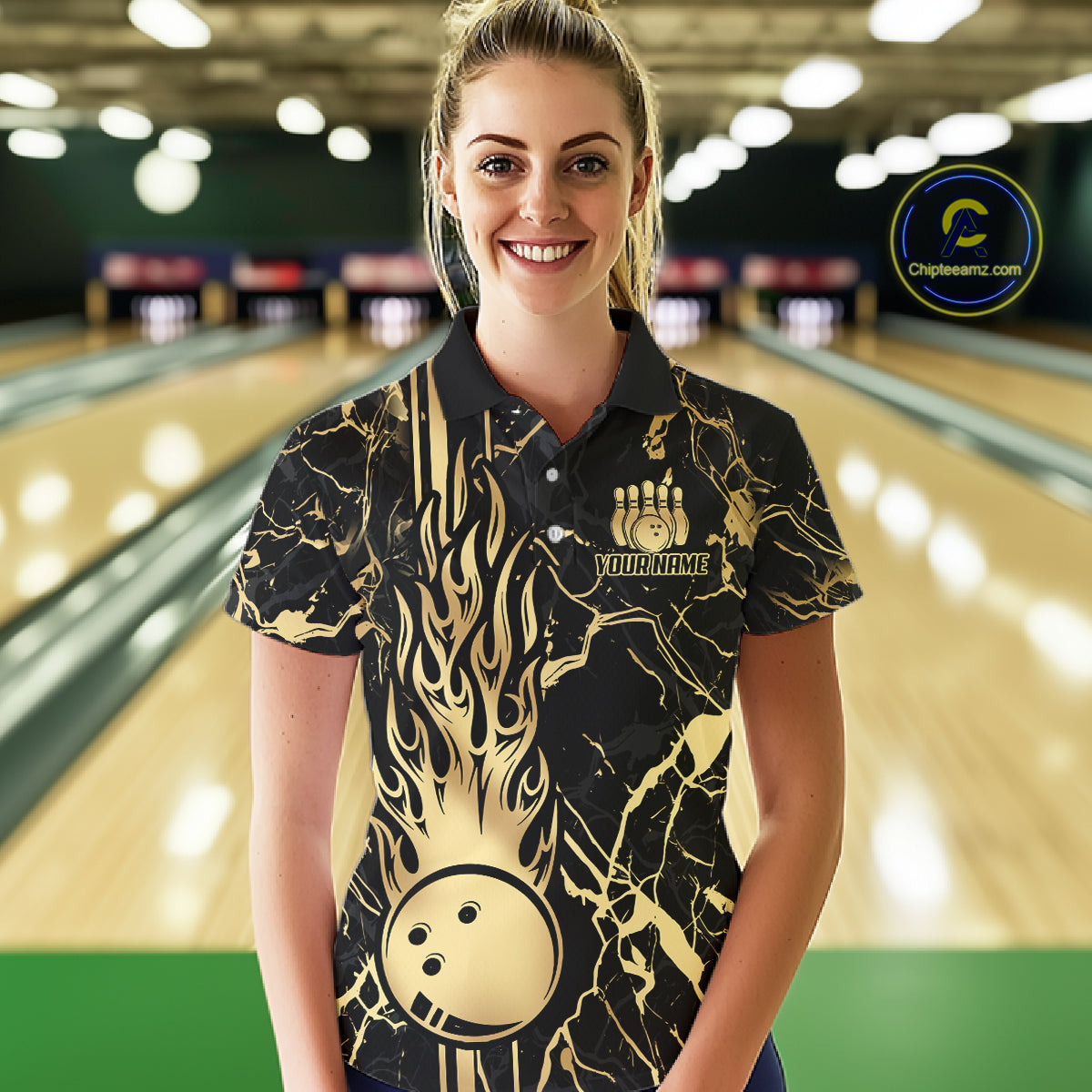 Black and Gold Camo Flame Bowling Polo, Quarter Zip Shirts For Women Custom Team Bowling Jerseys NQS11183