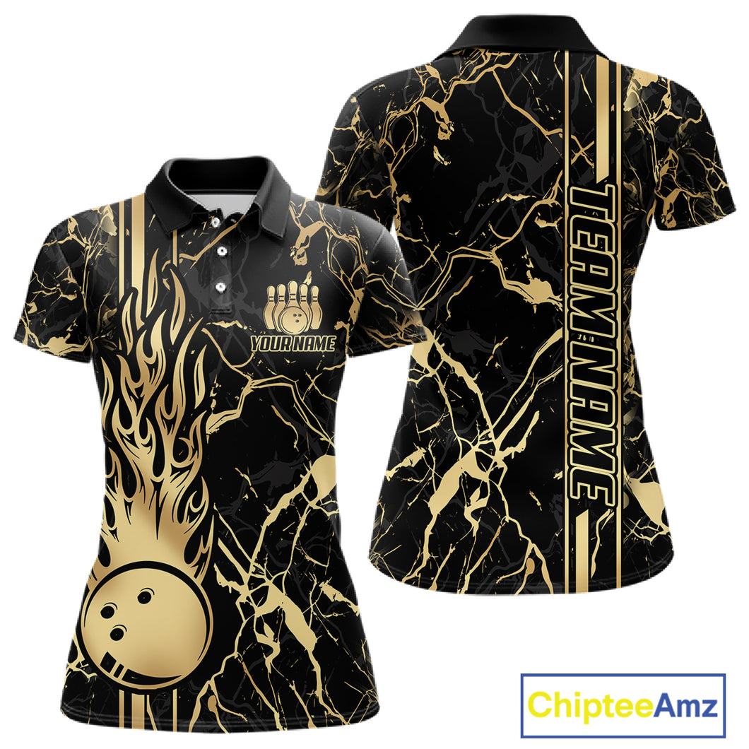 Black and Gold Camo Flame Bowling Polo, Quarter Zip Shirts For Women Custom Team Bowling Jerseys NQS11183