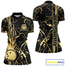 Load image into Gallery viewer, Black and Gold Camo Flame Bowling Polo, Quarter Zip Shirts For Women Custom Team Bowling Jerseys NQS11183