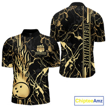 Load image into Gallery viewer, Black and Gold Camo Flame Bowling Polo, Quarter Zip Shirts For Men Custom Team Bowling Jerseys NQS11183