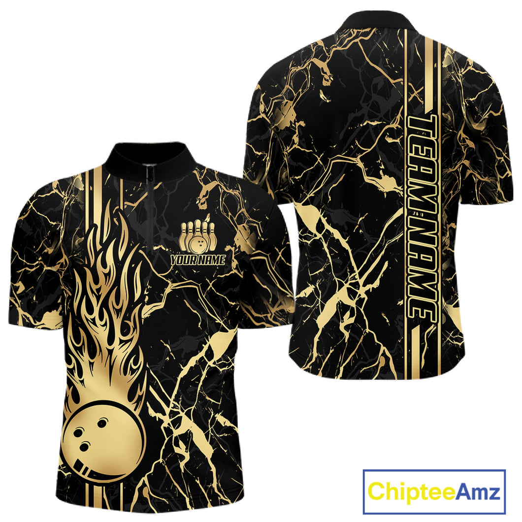 Black and Gold Camo Flame Bowling Polo, Quarter Zip Shirts For Men Custom Team Bowling Jerseys NQS11183