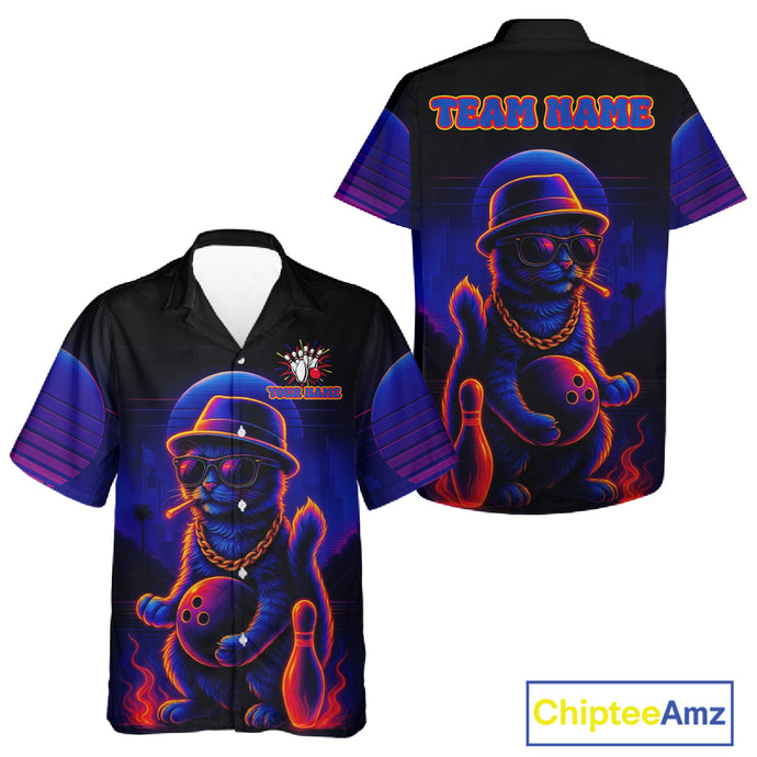 Custom Funny Cat Neon Bowling Hawaiian Shirt Bowling Uniform Button-up Bowling Team Shirts NQS11185
