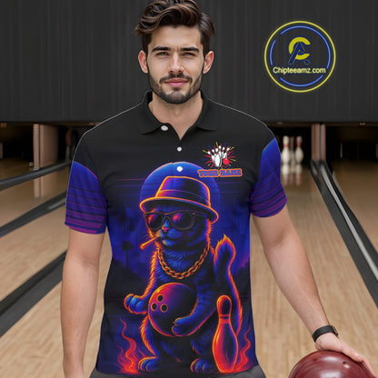 Custom Funny Cat Neon Bowling Jerseys for Men Bowling Uniform Polo & 1/4 Zip Bowling Team Shirts NQS11185