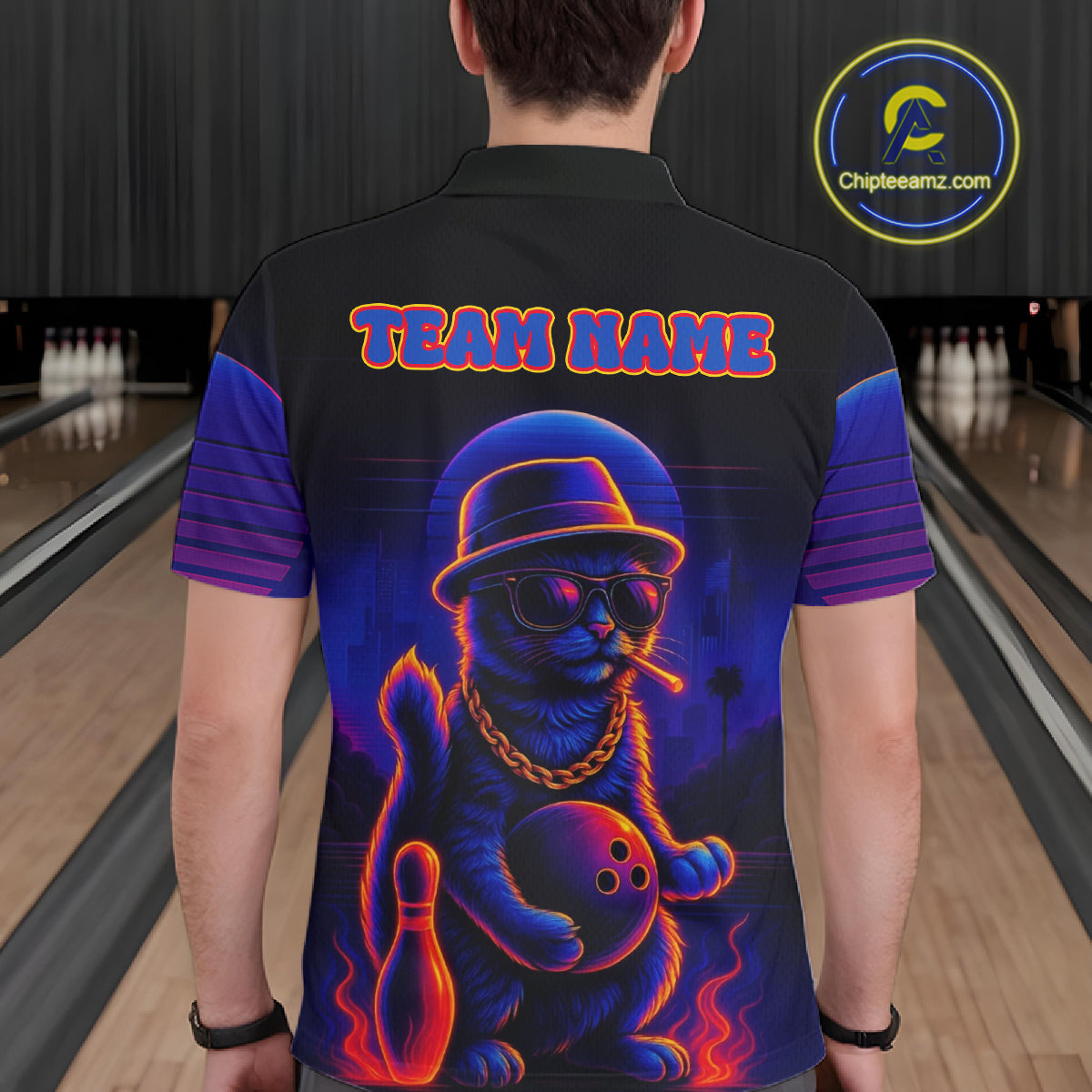 Custom Funny Cat Neon Bowling Jerseys for Men Bowling Uniform Polo & 1/4 Zip Bowling Team Shirts NQS11185