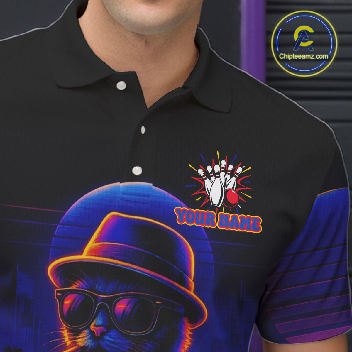 Custom Funny Cat Neon Bowling Jerseys for Men Bowling Uniform Polo & 1/4 Zip Bowling Team Shirts NQS11185