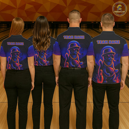 Custom Funny Cat Neon Bowling Jerseys for Women Bowling Uniform Polo & 1/4 Zip Bowling Team Shirts NQS11185
