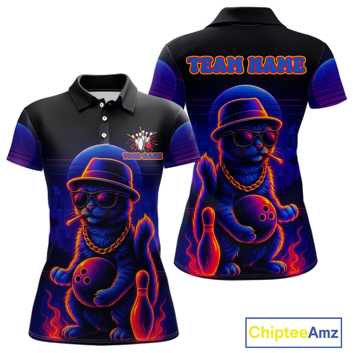 Custom Funny Cat Neon Bowling Jerseys for Women Bowling Uniform Polo & 1/4 Zip Bowling Team Shirts NQS11185