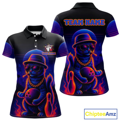Custom Funny Cat Neon Bowling Jerseys for Women Bowling Uniform Polo & 1/4 Zip Bowling Team Shirts NQS11185