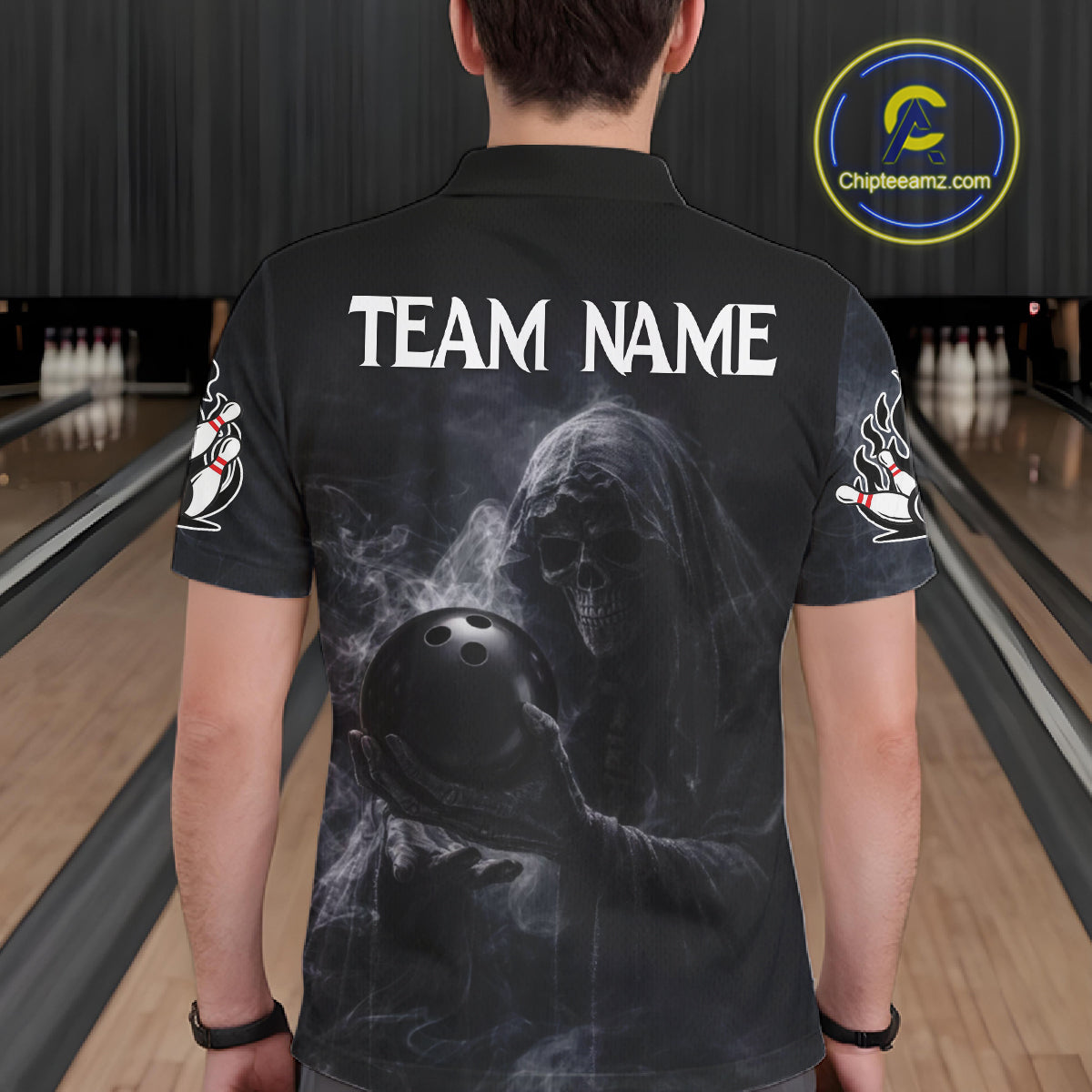 Custom Smoke Skull reaper Bowling Polo, 1/4 Zip Shirts for Men, Team bowling outfit Jerseys NQS11596