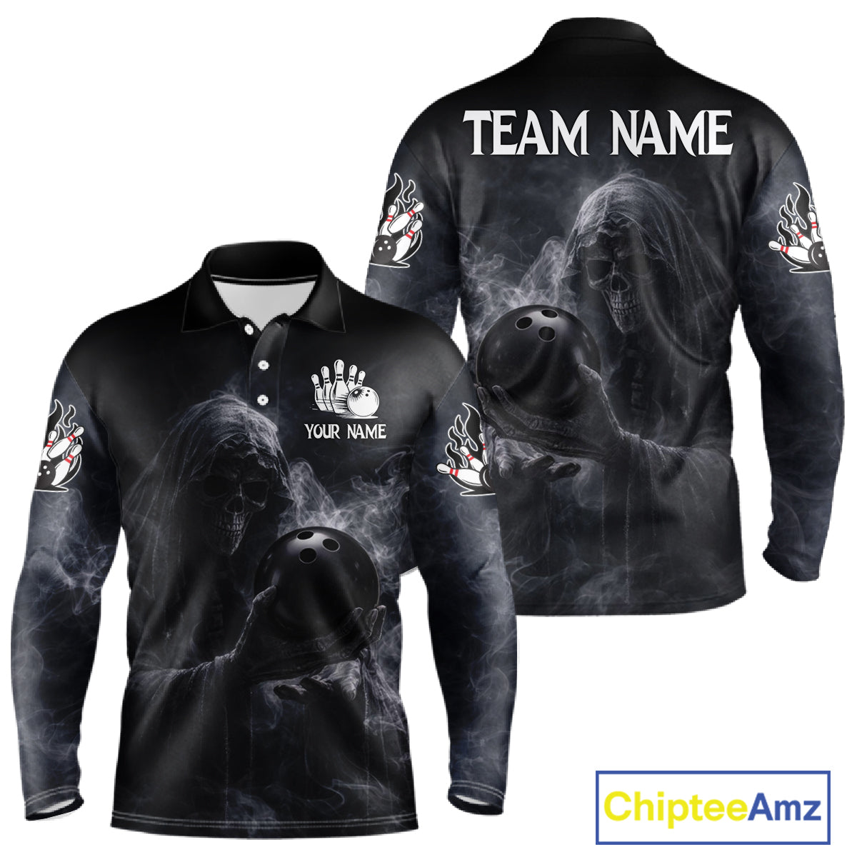 Custom Smoke Skull reaper Bowling Polo, 1/4 Zip Shirts for Men, Team bowling outfit Jerseys NQS11596