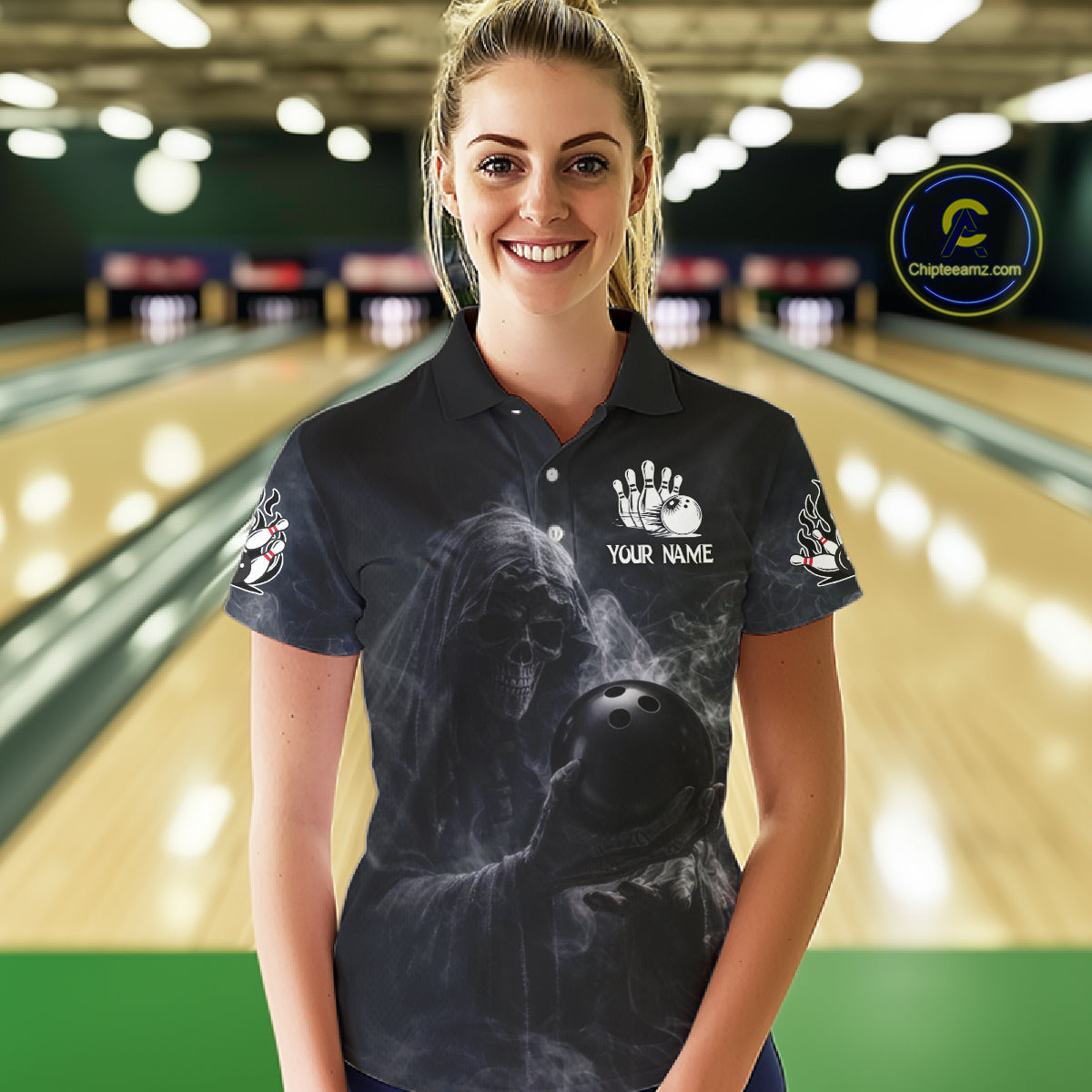 Custom Smoke Skull reaper Bowling Polo, 1/4 Zip Shirts for Women, Team bowling outfit Jerseys NQS11596
