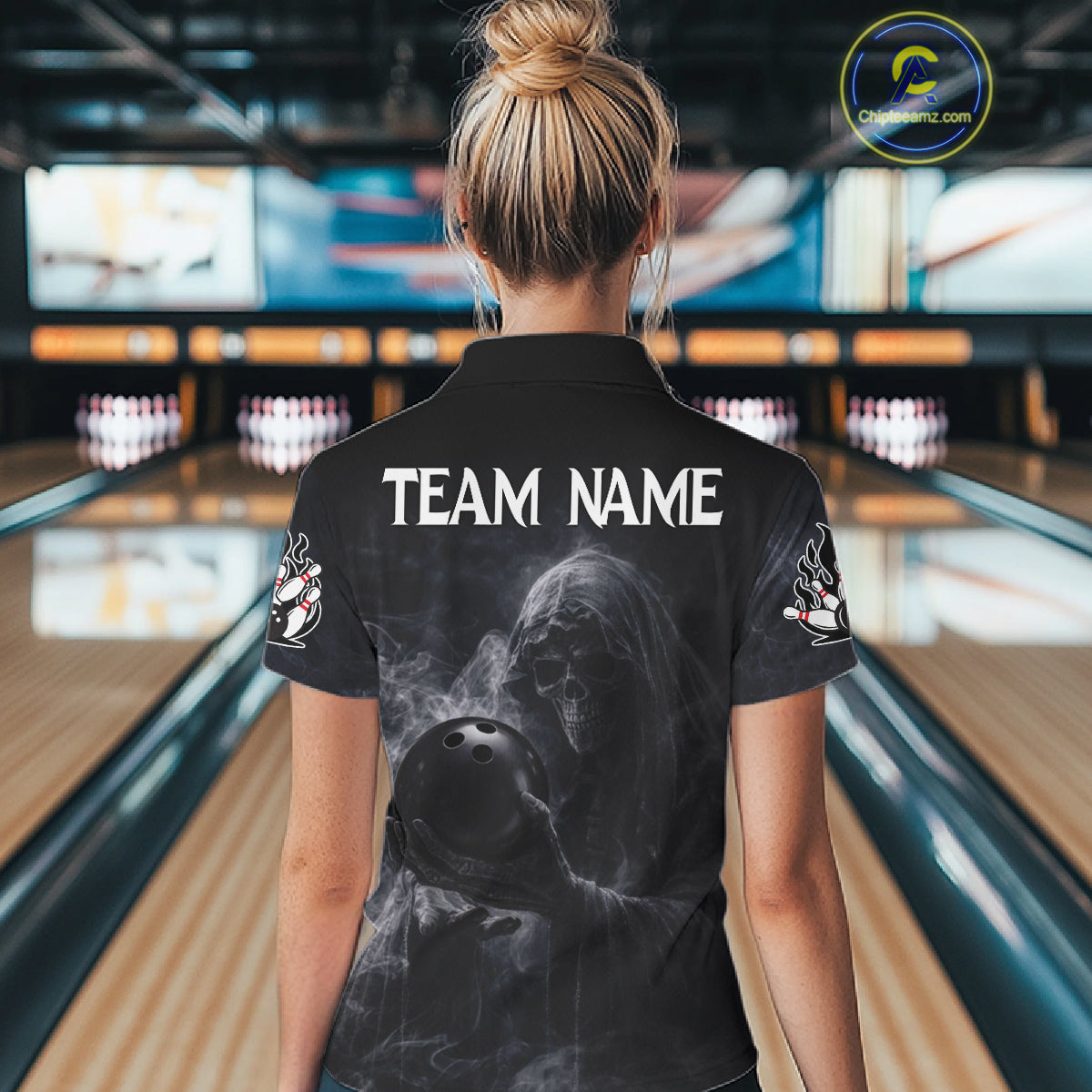 Custom Smoke Skull reaper Bowling Polo, 1/4 Zip Shirts for Women, Team bowling outfit Jerseys NQS11596