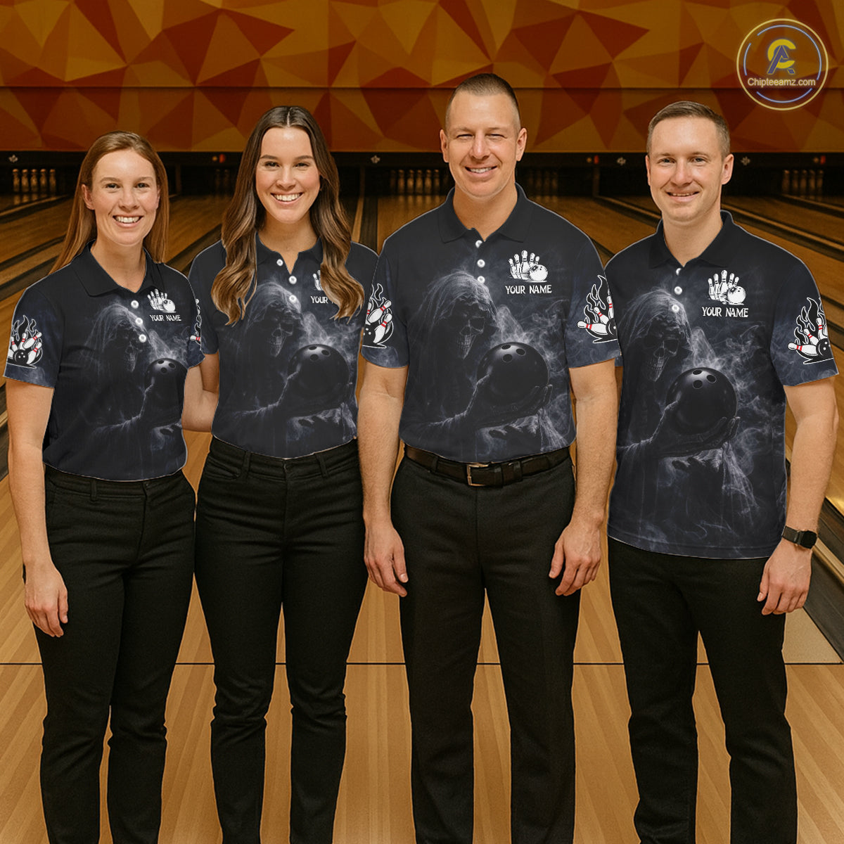 Custom Smoke Skull reaper Bowling Polo, 1/4 Zip Shirts for Men, Team bowling outfit Jerseys NQS11596