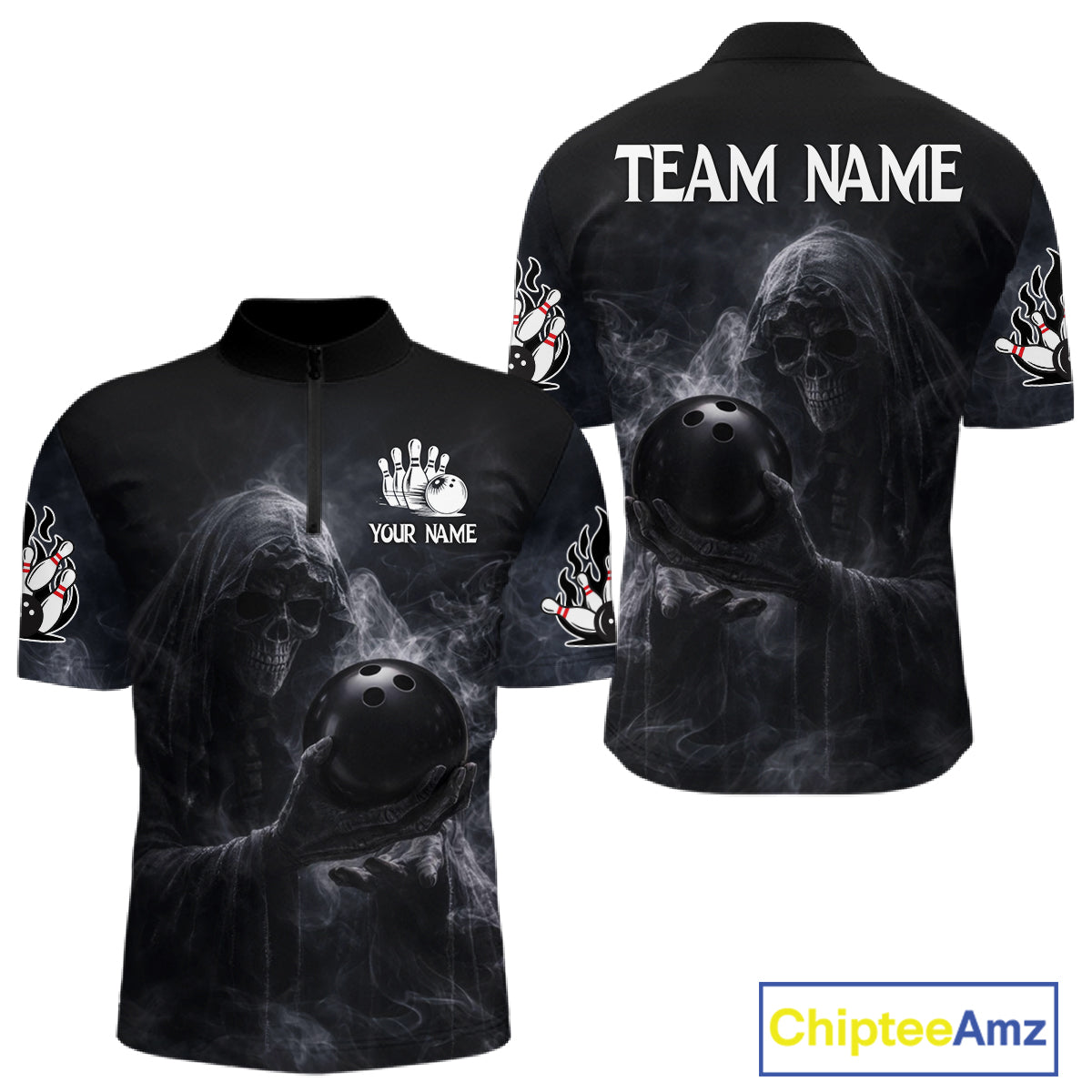 Custom Smoke Skull reaper Bowling Polo, 1/4 Zip Shirts for Men, Team bowling outfit Jerseys NQS11596