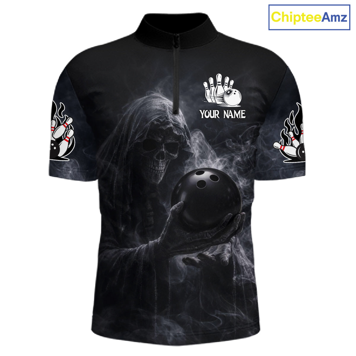 Custom Smoke Skull reaper Bowling Polo, 1/4 Zip Shirts for Men, Team bowling outfit Jerseys NQS11596