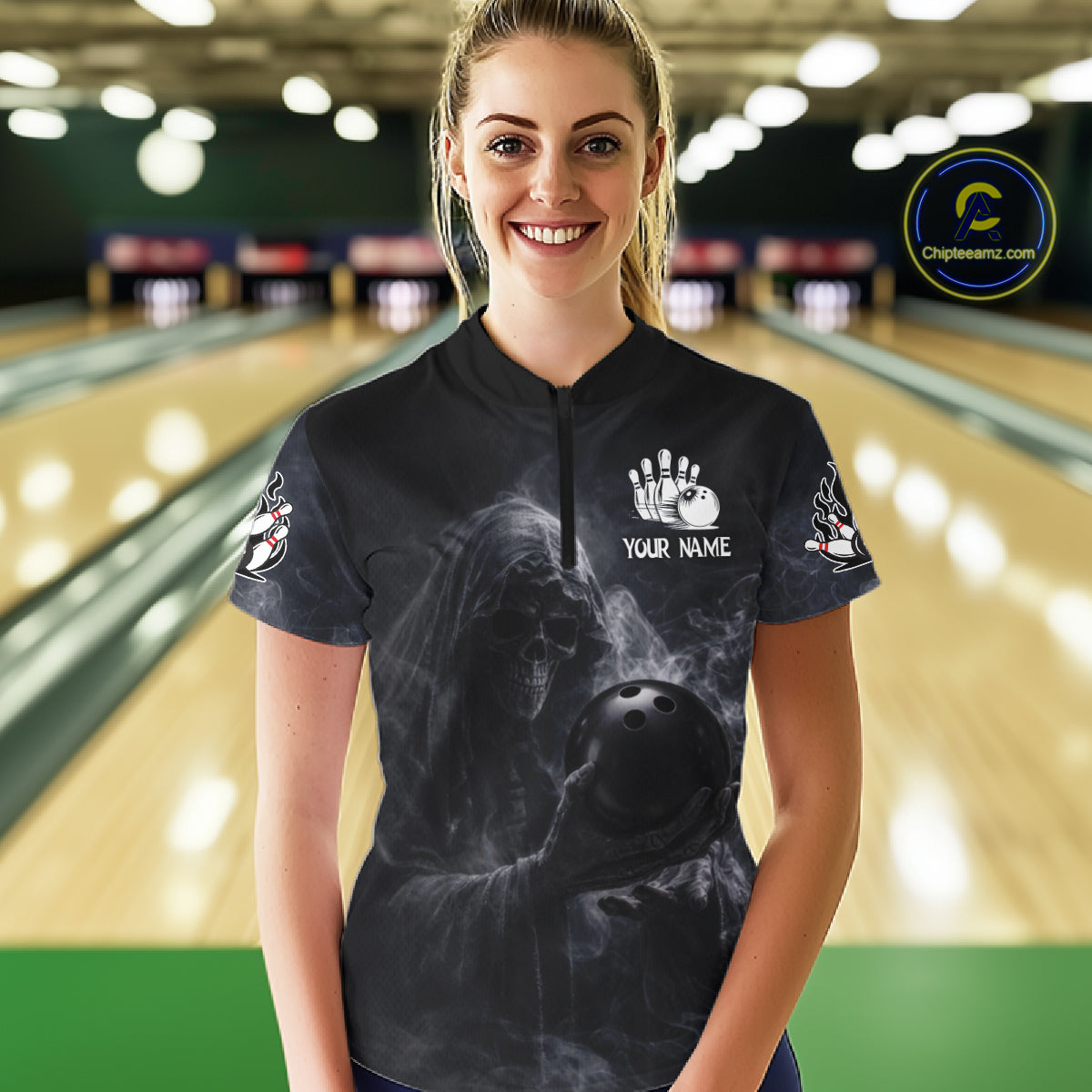 Custom Smoke Skull reaper Bowling Polo, 1/4 Zip Shirts for Women, Team bowling outfit Jerseys NQS11596