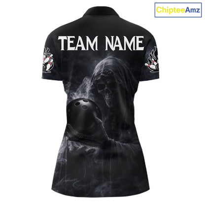 Custom Smoke Skull reaper Bowling Polo, 1/4 Zip Shirts for Women, Team bowling outfit Jerseys NQS11596