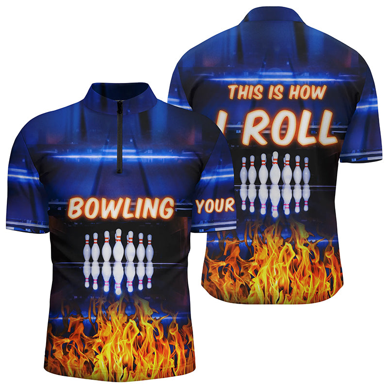Custom blue bowling shirt for men – personalized team jersey front view