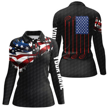 Load image into Gallery viewer, Personalized black golf polos shirt for women American flag 4th July custom name gifts for golf lovers NQS7746