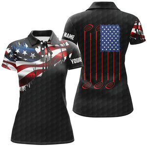 Personalized black golf polos shirt for women American flag 4th July custom name gifts for golf lovers NQS7746