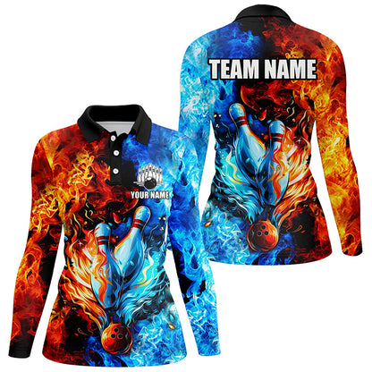 Blue and orange two sides Flame bowling Polo, Quarter Zip shirts for women Custom Bowling Team Jerseys NQS7749