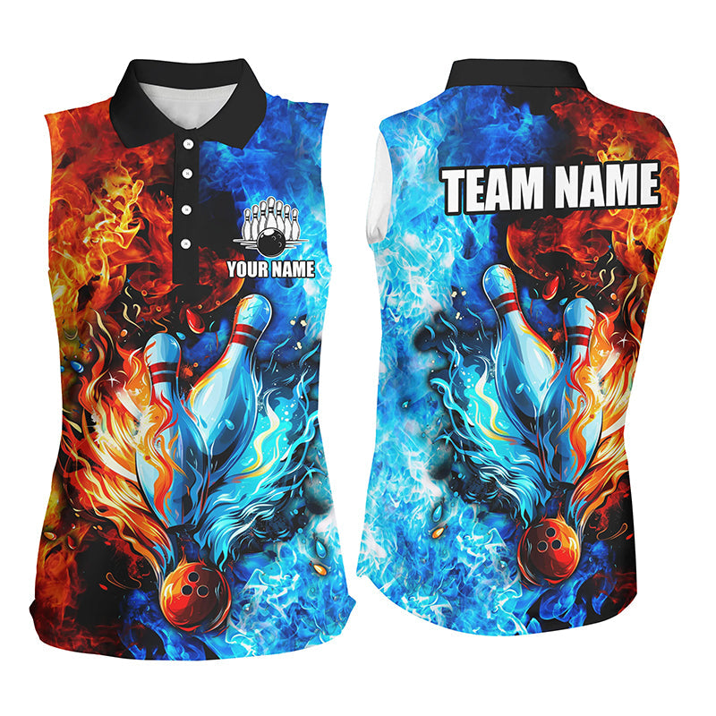 Blue and orange two sides Flame bowling Sleeveless Polo shirts for women Custom Bowling Team Jerseys NQS7749