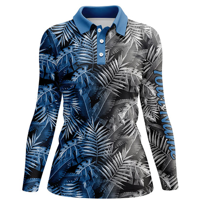 Womens golf polo shirt custom blue and gray tropical leaves golf shirts, ladies golf tops NQS5875