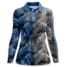 Load image into Gallery viewer, Womens golf polo shirt custom blue and gray tropical leaves golf shirts, ladies golf tops NQS5875