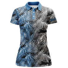 Load image into Gallery viewer, Womens golf polo shirt custom blue and gray tropical leaves golf shirts, ladies golf tops NQS5875