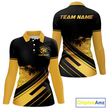 Load image into Gallery viewer, Custom Black And Gold Bowling Team Polo, Quarter-Zip Shirts For Women, Personalized Bowling Jerseys NQS10219