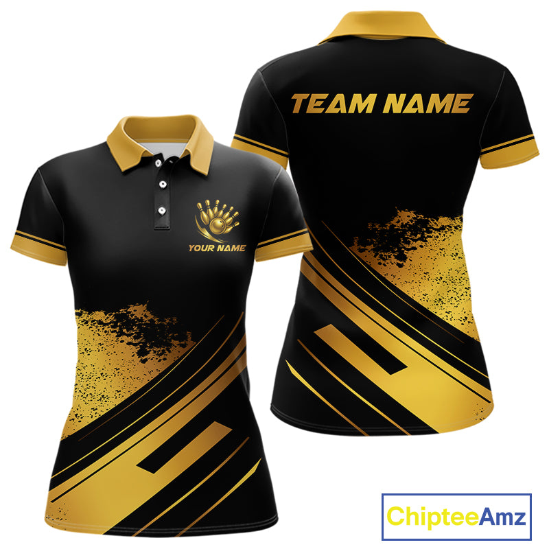 Custom Black And Gold Bowling Team Polo, Quarter-Zip Shirts For Women, Personalized Bowling Jerseys NQS10219