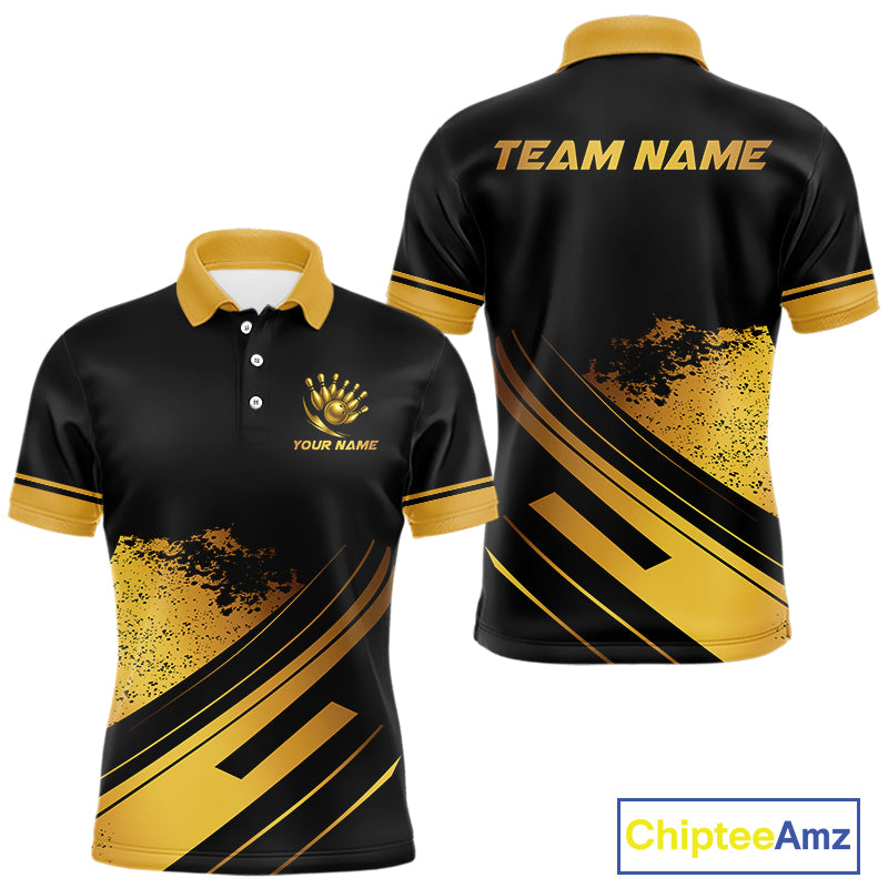 Custom Black And Gold Bowling Team Polo, Quarter-Zip Shirts For Men, Personalized Bowling Jerseys NQS10219