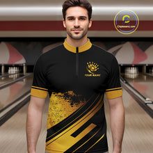 Load image into Gallery viewer, Custom Black And Gold Bowling Team Polo, Quarter-Zip Shirts For Men, Personalized Bowling Jerseys NQS10219